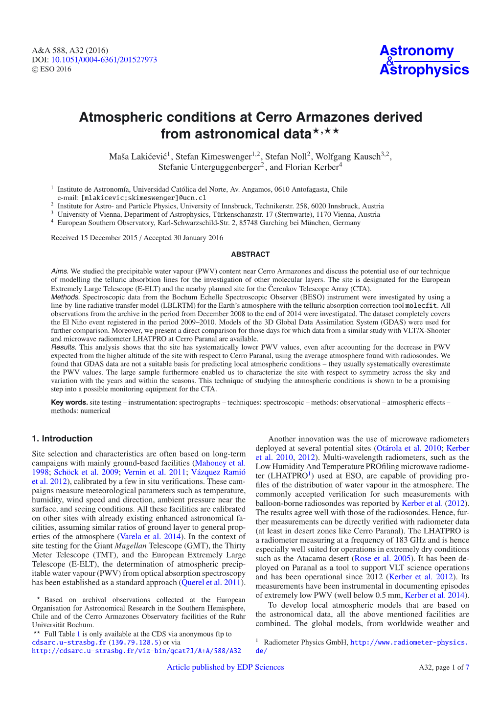 Atmospheric Conditions at Cerro Armazones Derived from Astronomical Data�,