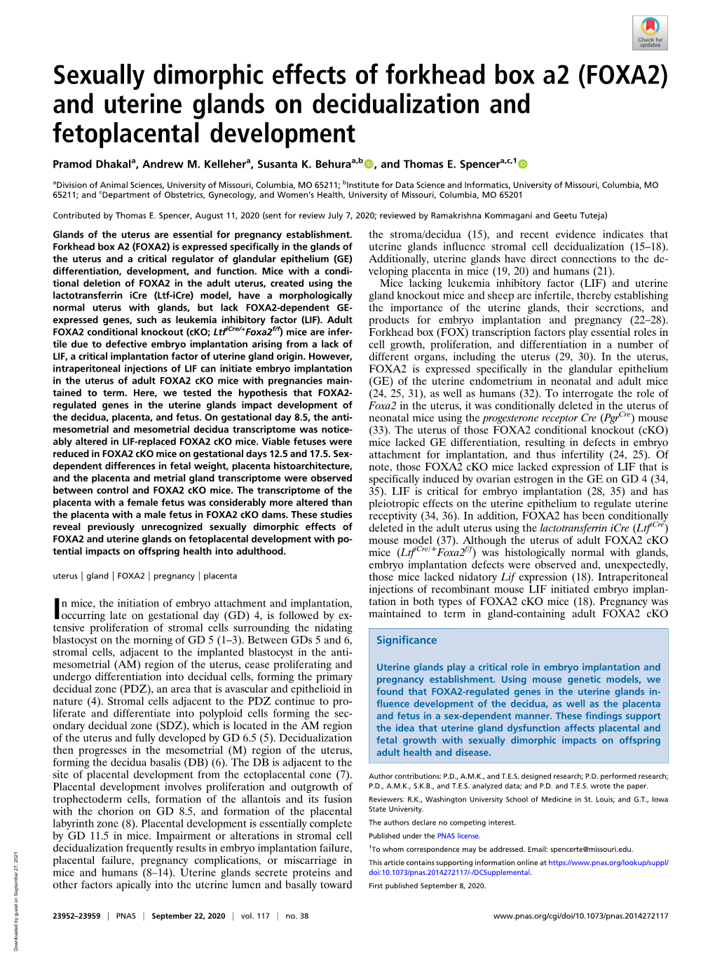 Sexually Dimorphic Effects of Forkhead Box A2 (FOXA2) and Uterine Glands on Decidualization and Fetoplacental Development