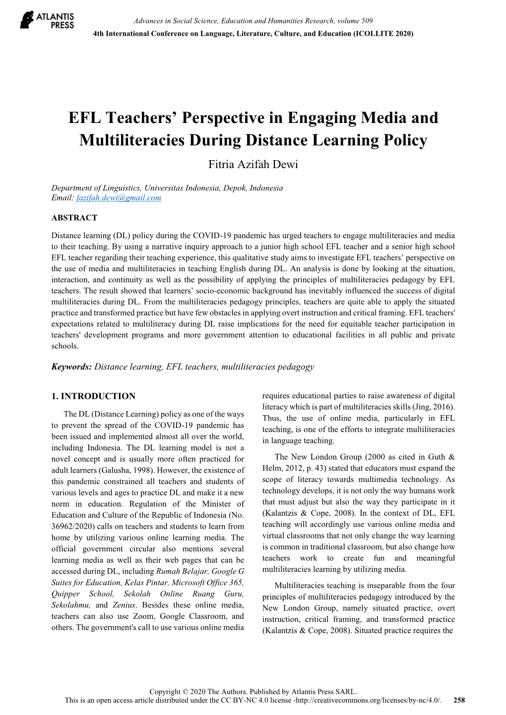 EFL Teachers' Perspective in Engaging Media and Multiliteracies