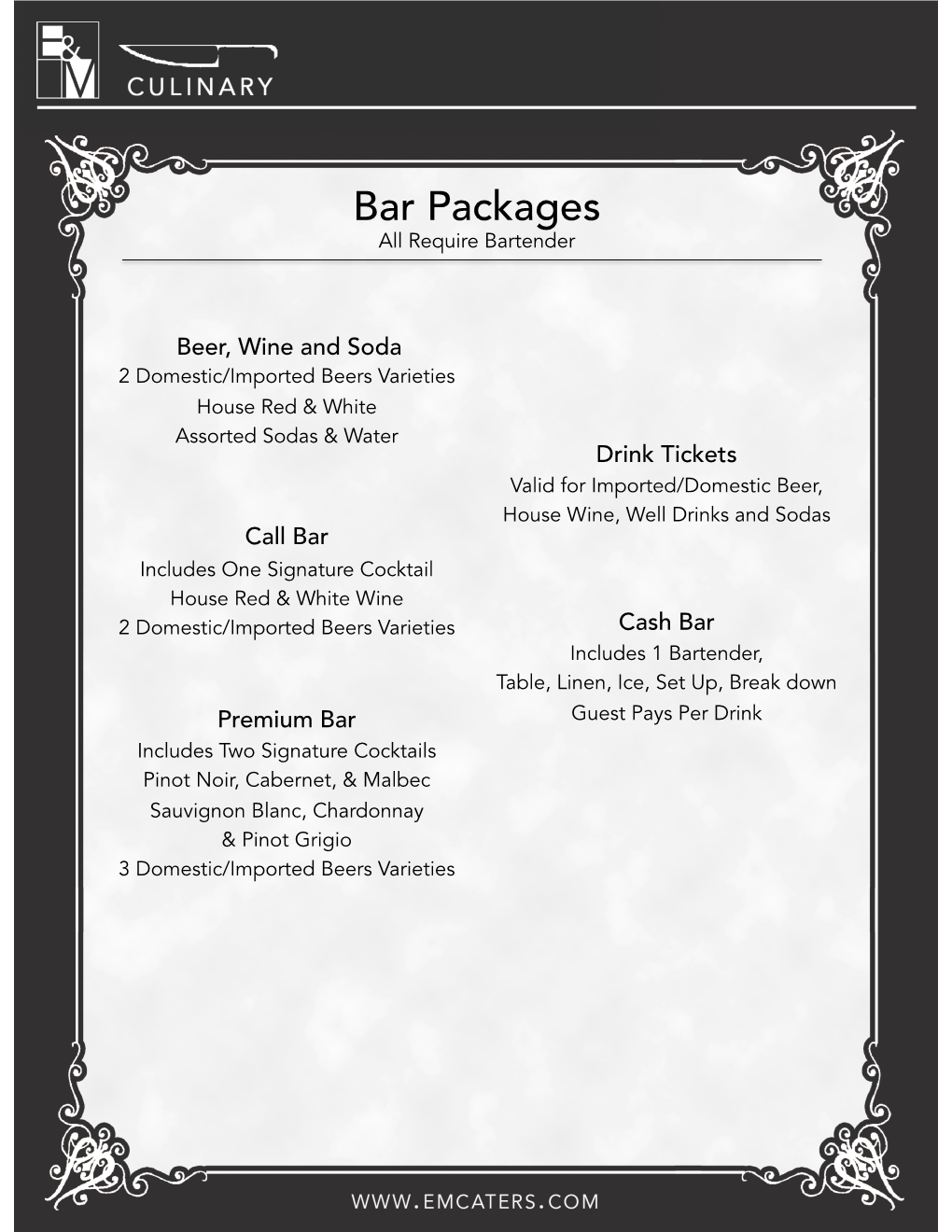 Bar Packages All Require Bartender