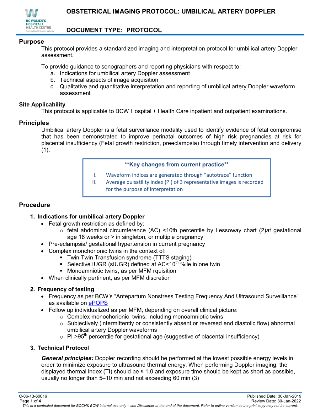 Obstetrical Imaging Protocol: Umbilical Artery Doppler Document Type