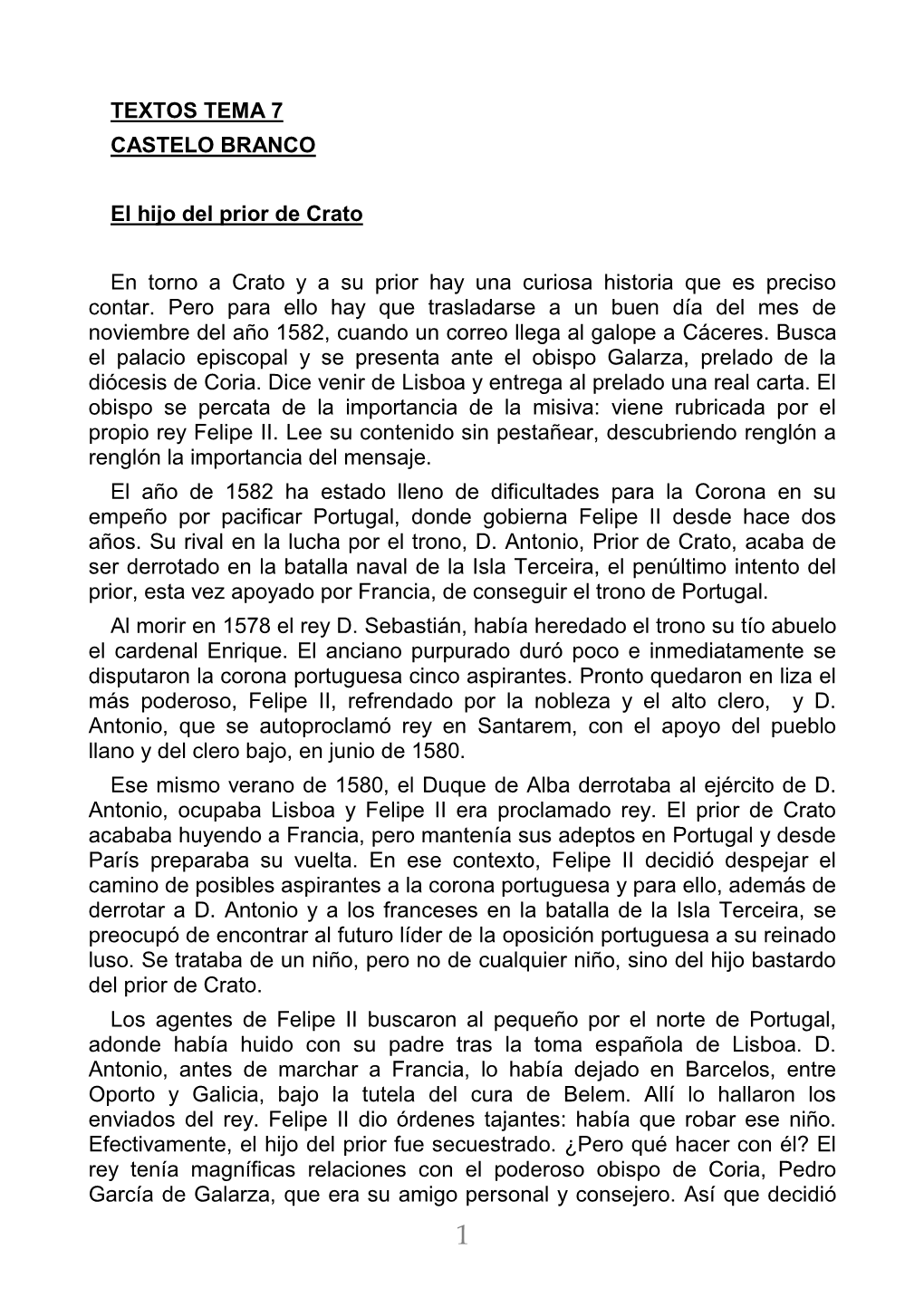 TEXTOS TEMA 7 CASTELO BRANCO El Hijo Del Prior De Crato En Torno A