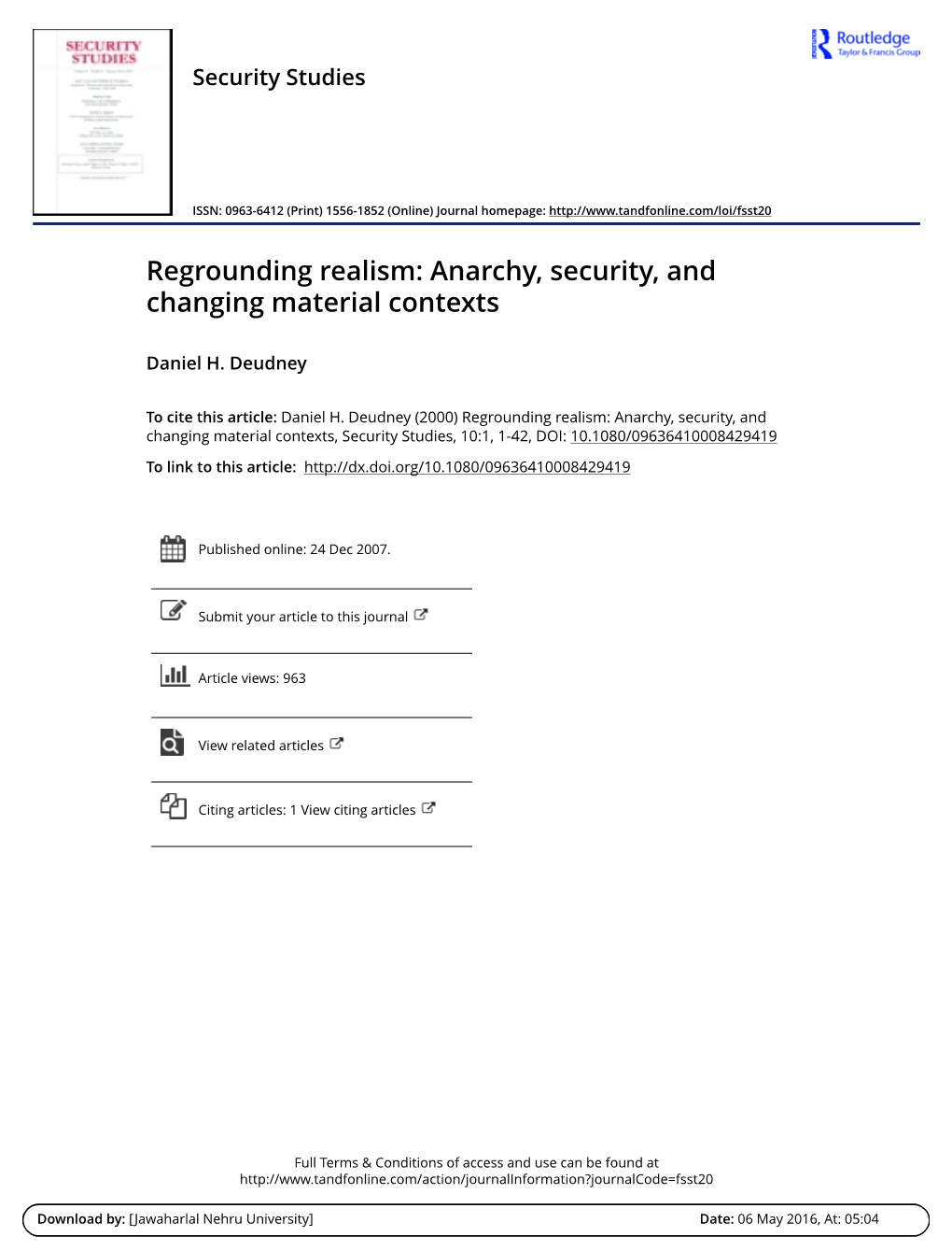 Regrounding Realism: Anarchy, Security, and Changing Material Contexts