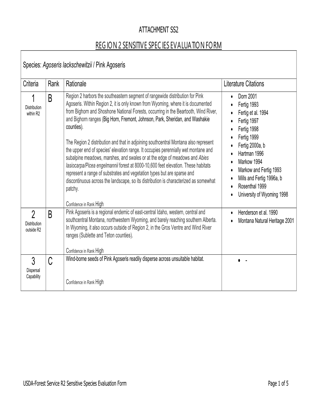 Region 2 Sensitive Species Evaluation Form