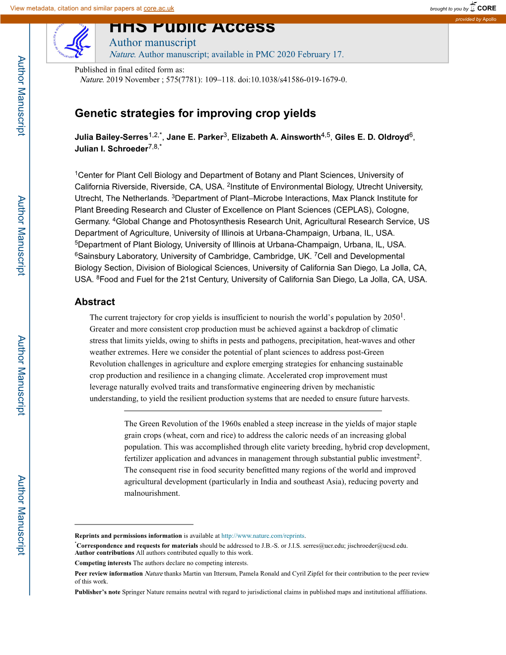 Genetic Strategies for Improving Crop Yields