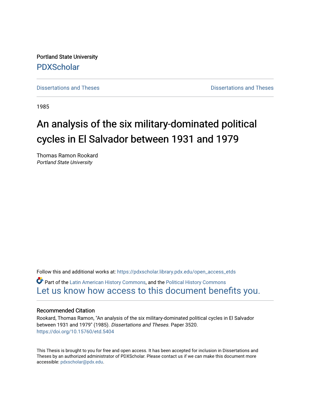 An Analysis of the Six Military-Dominated Political Cycles in El Salvador Between 1931 and 1979