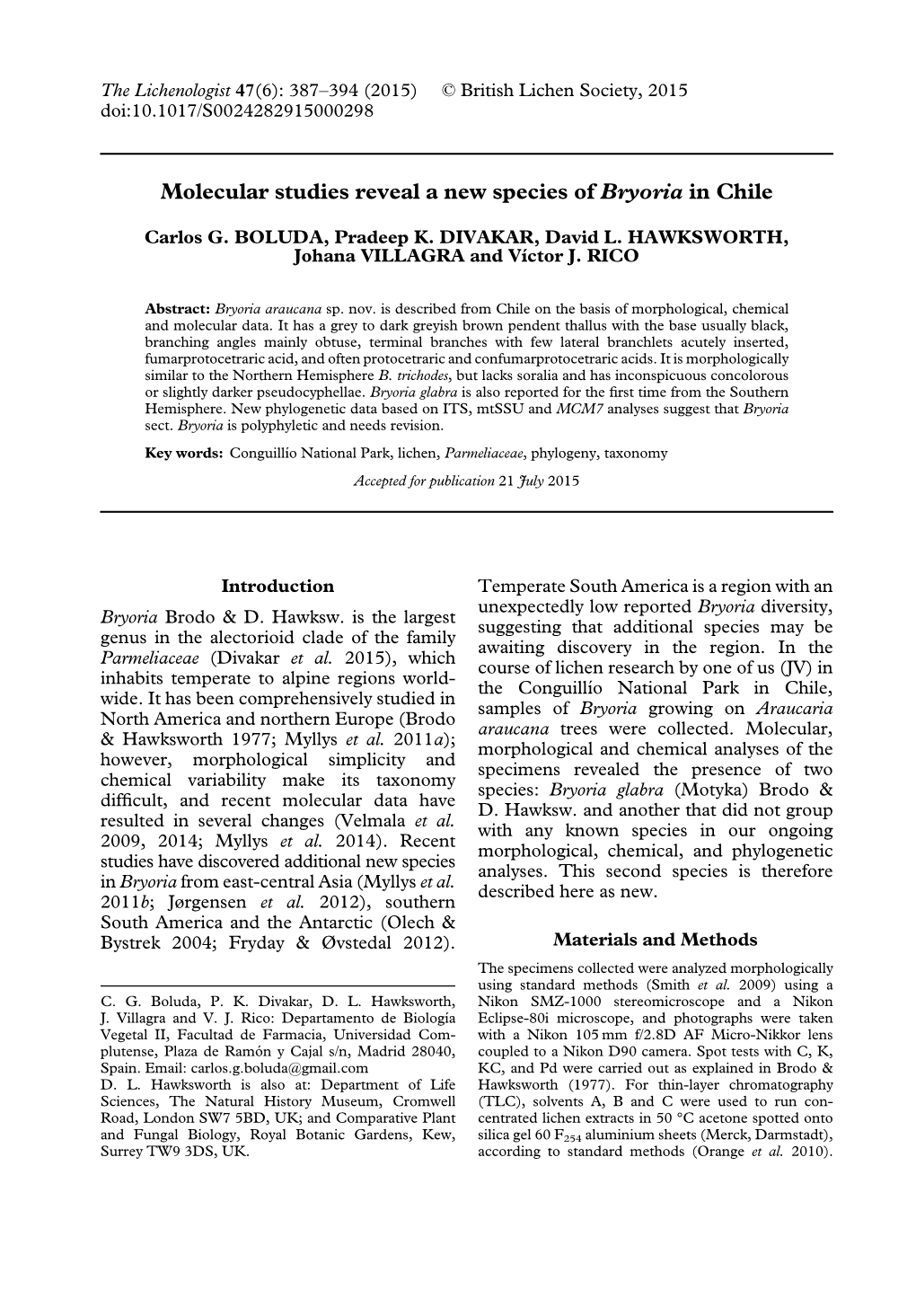 Molecular Studies Reveal a New Species of Bryoria in Chile