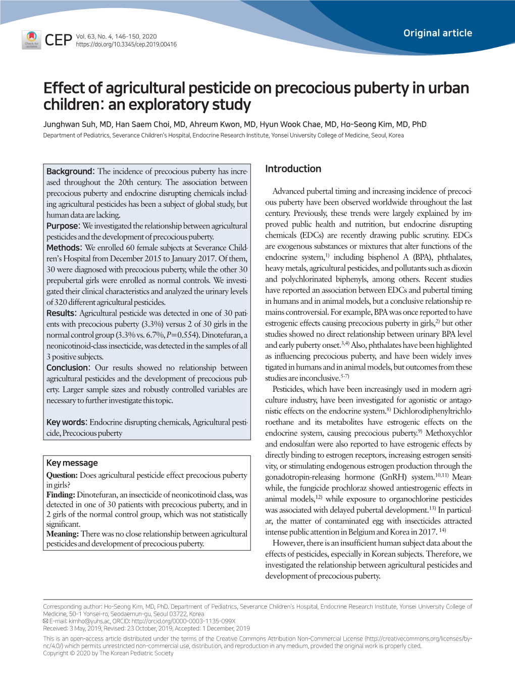 Effect of Agricultural Pesticide on Precocious Puberty in Urban Children