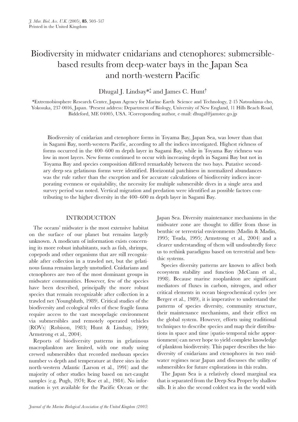 Biodiversity in Midwater Cnidarians and Ctenophores: Submersible- Based Results from Deep-Water Bays in the Japan Sea and North-Western Pacific