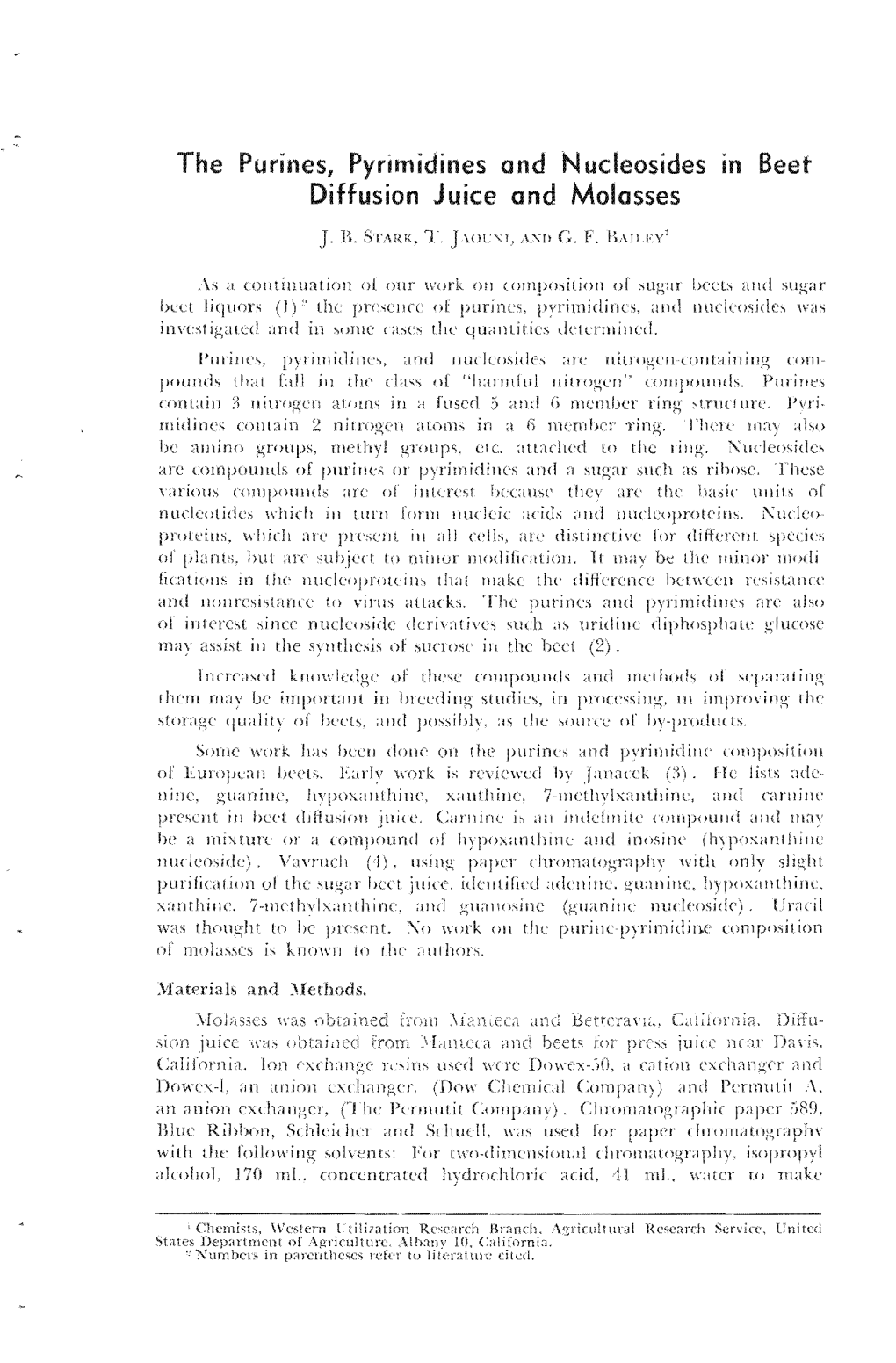 The Purines, Pyrimidines and N Ucleosides in Beet Diffusion Juice and Molasses