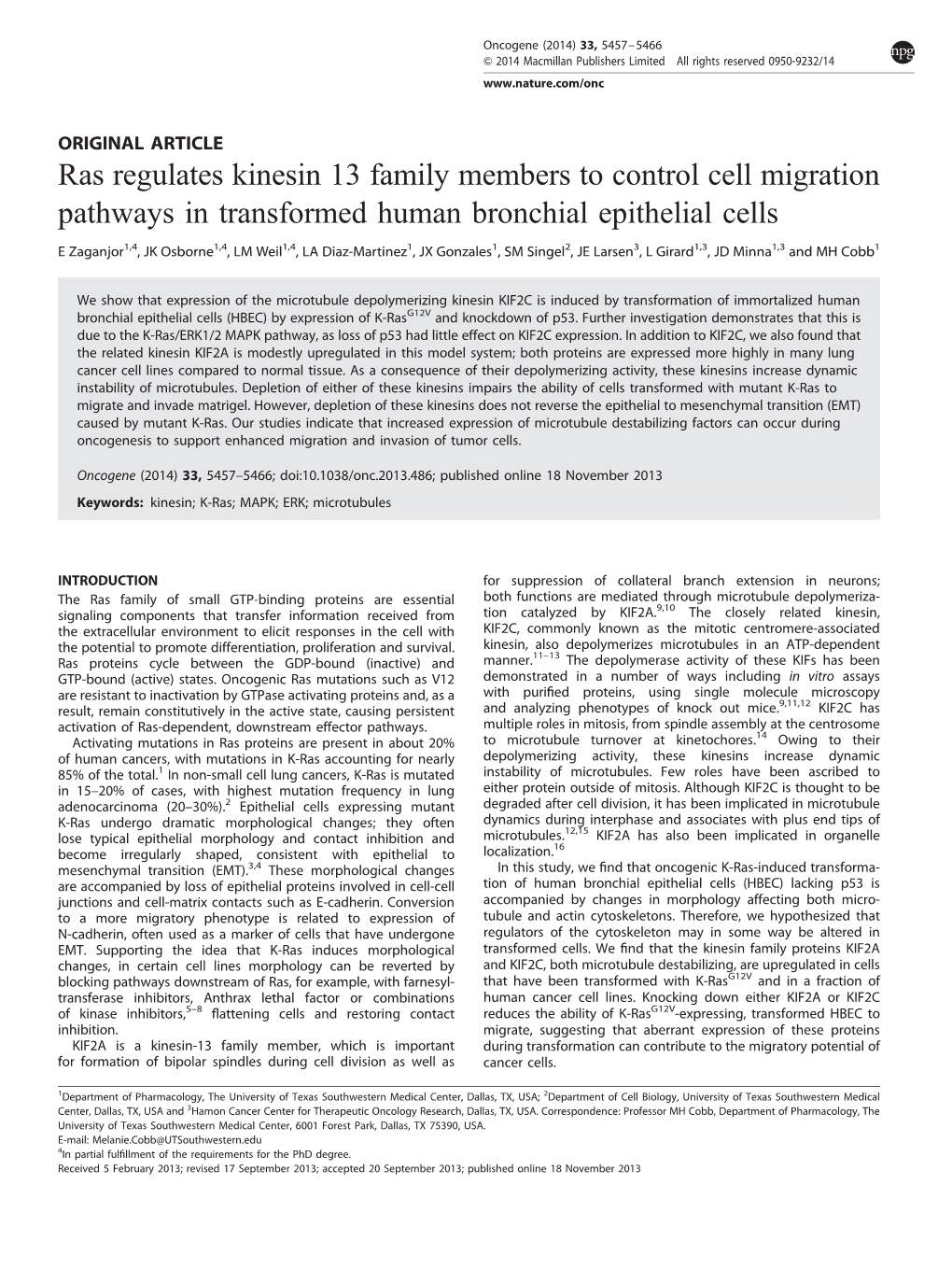 Ras Regulates Kinesin 13 Family Members to Control Cell Migration Pathways in Transformed Human Bronchial Epithelial Cells