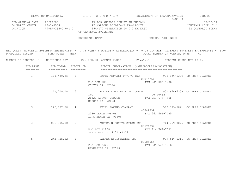 State of California B I D S U M M a R Y Department of Transportation Bid245 s23