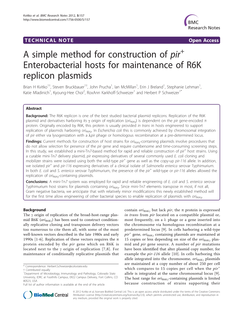 A Simple Method for Construction of Pir Enterobacterial Hosts For