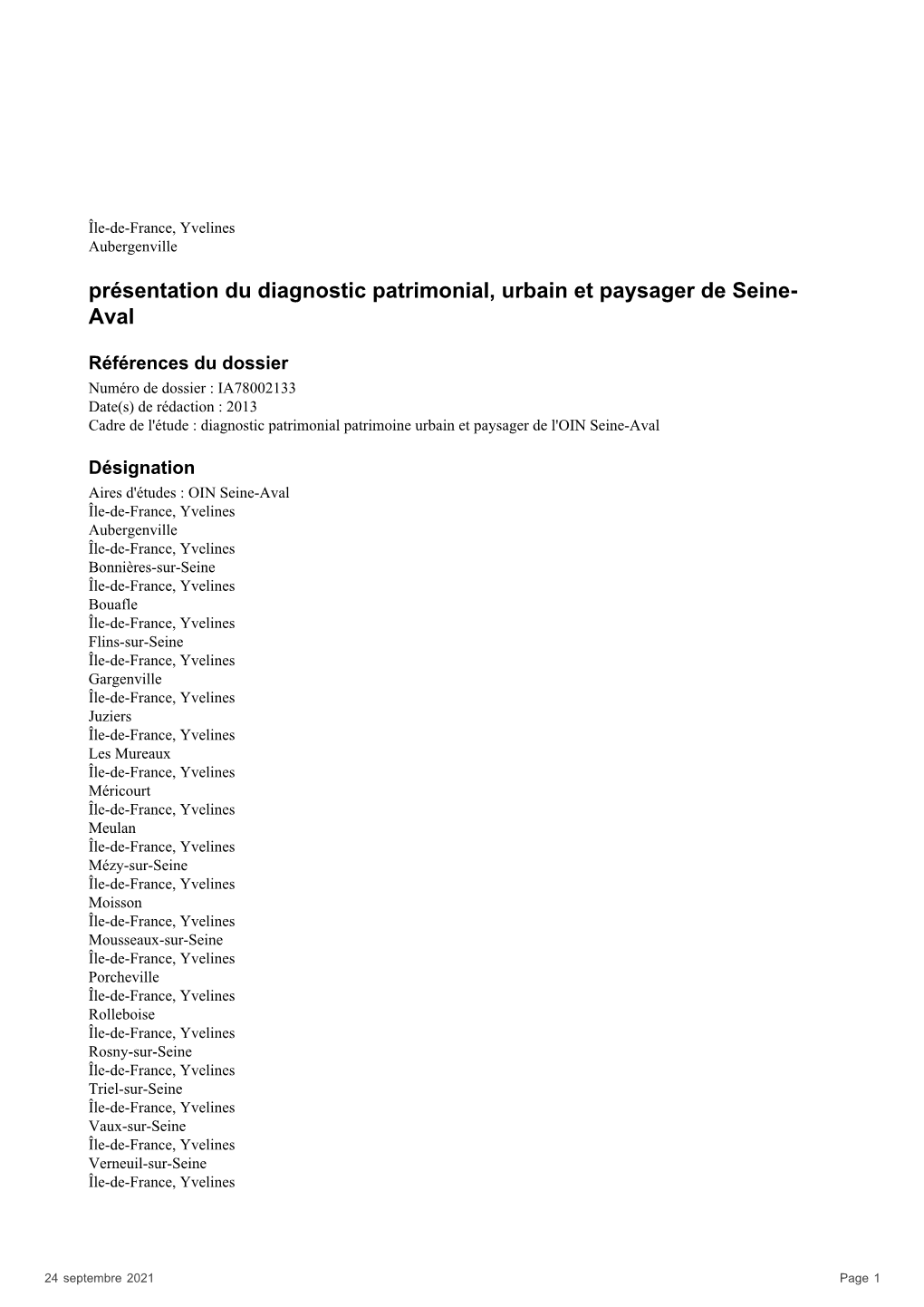 Présentation Du Diagnostic Patrimonial, Urbain Et Paysager De Seine- Aval