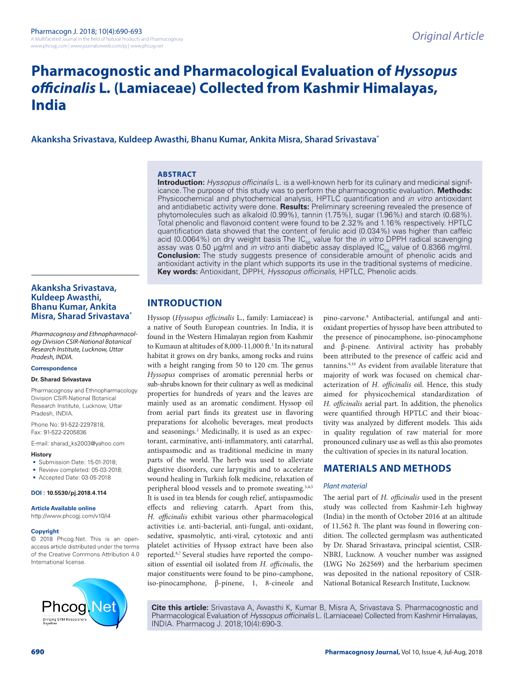 Pharmacognostic and Pharmacological Evaluation of Hyssopus Officinalis L