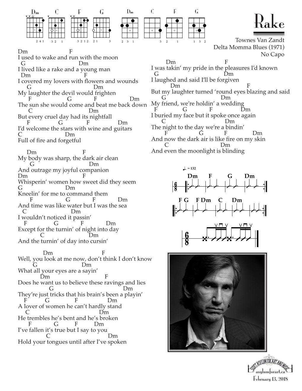 Asylumforart.Ca February 13, 2018 Townes Van Zandt Delta Momma Blues (1971) No Capo Dm F I Used to Wake and Run with The