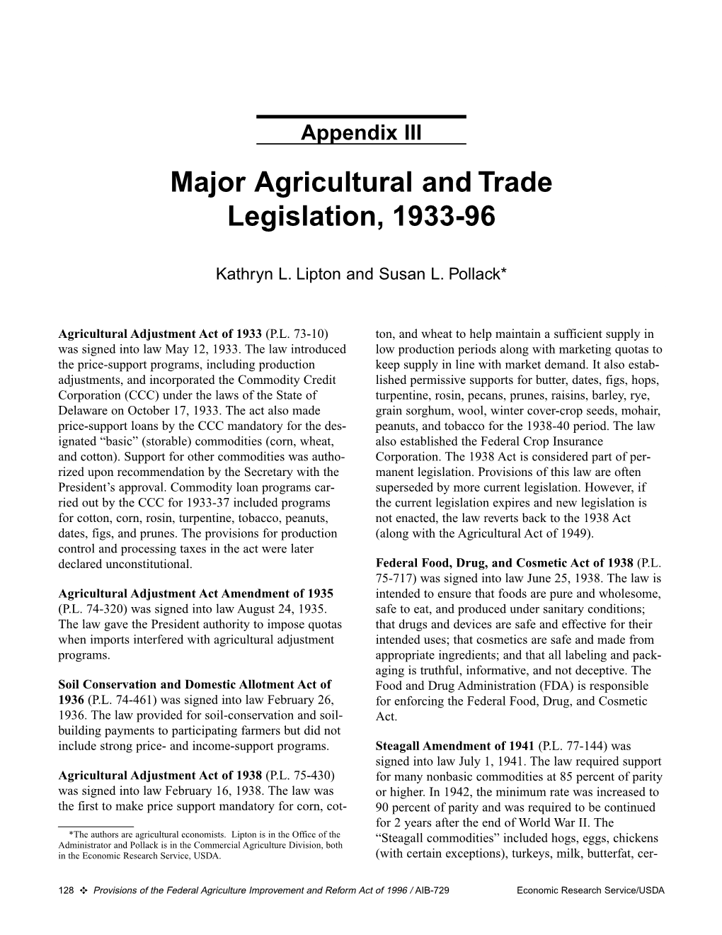 Major Agricultural and Trade Legislation, 1933-96