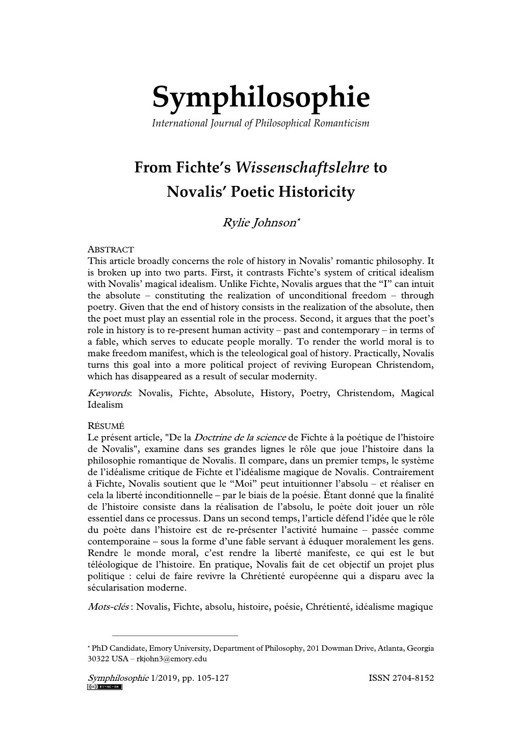 From Fichte's Wissenschaftslehre to Novalis' Poetic Historicity