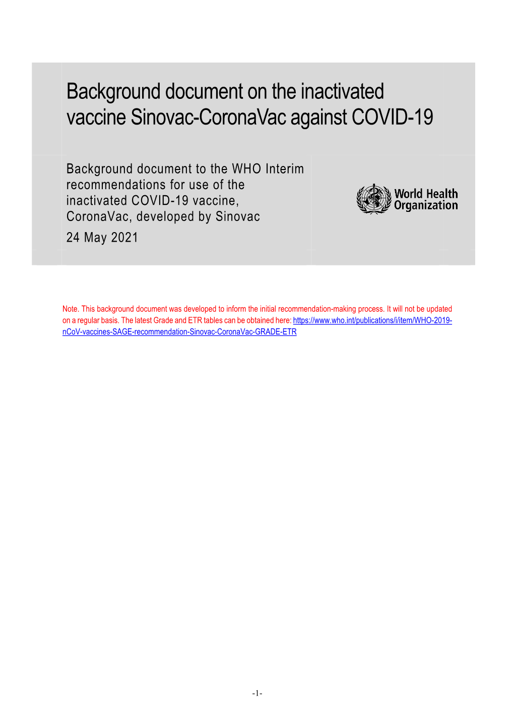 Background Document on the Inactivated Vaccine Sinovac-Coronavac Against COVID-19