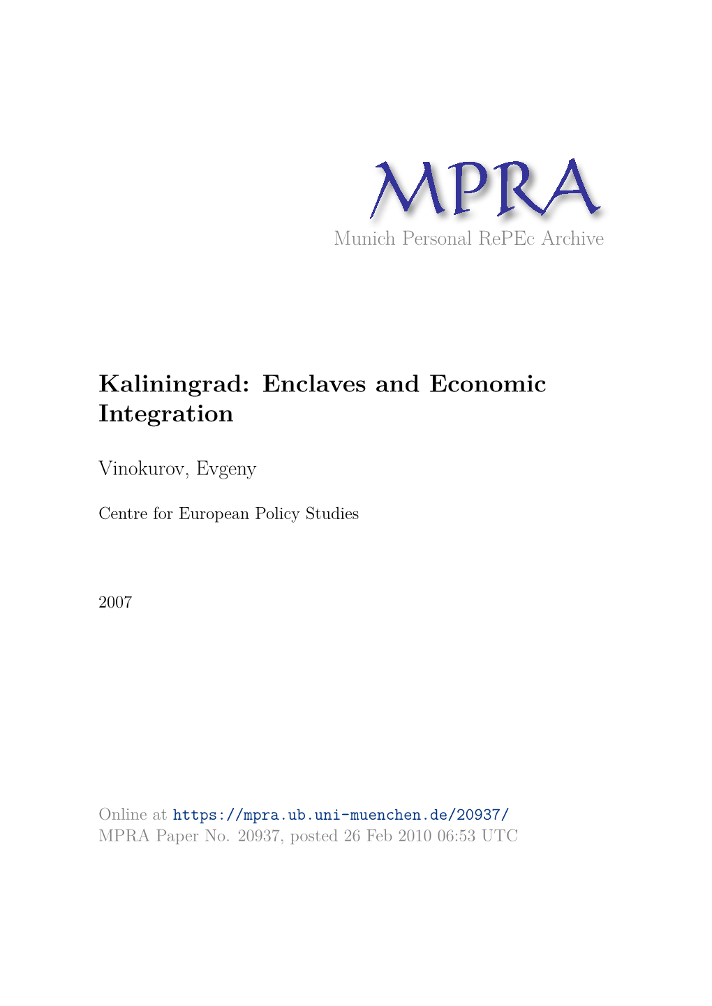 Kaliningrad: Enclaves and Economic Integration