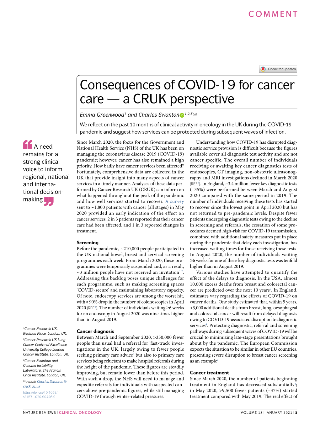 Consequences of COVID-19 for Cancer Care — a CRUK Perspective