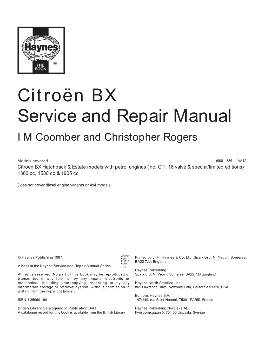 Citroën BX Service and Repair Manual I M Coomber and Christopher Rogers