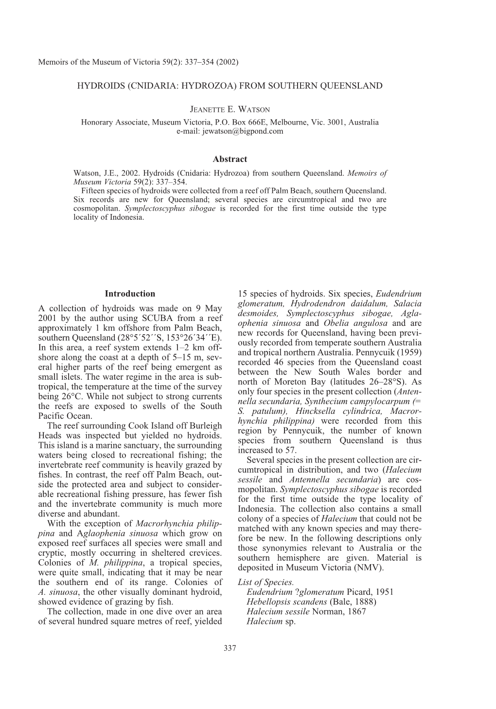 Hydroids (Cnidaria: Hydrozoa) from Southern Queensland Jeanette E