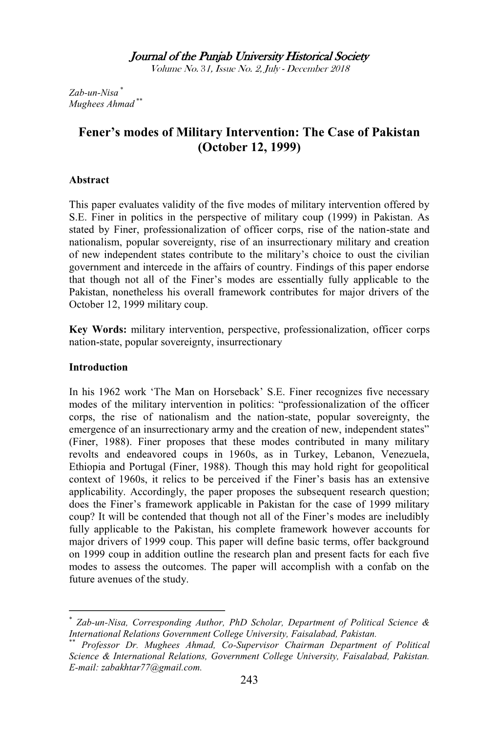 Fener's Modes of Military Intervention: the Case of Pakistan (October 12