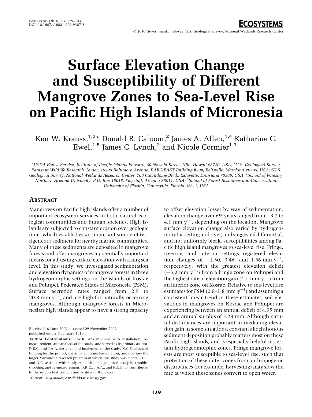 Surface Elevation Change and Susceptibility of Different Mangrove Zones to Sea-Level Rise on Pacific High Islands of Micronesia