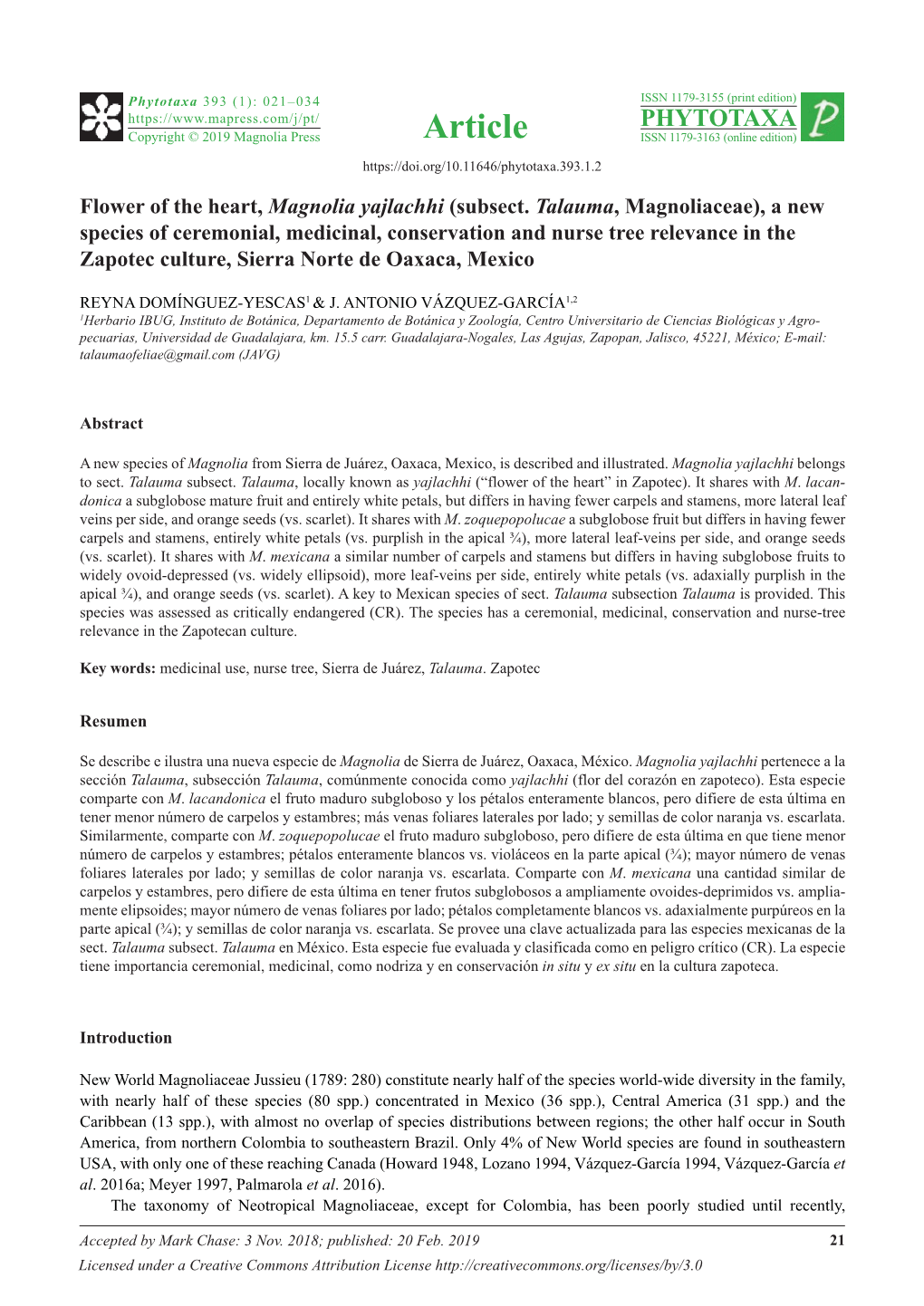 Subsect. Talauma, Magnoliaceae), a New Species of Ceremonial, Medicinal, Conservation and Nurse Tree Relevance in the Zapotec Culture, Sierra Norte De Oaxaca, Mexico