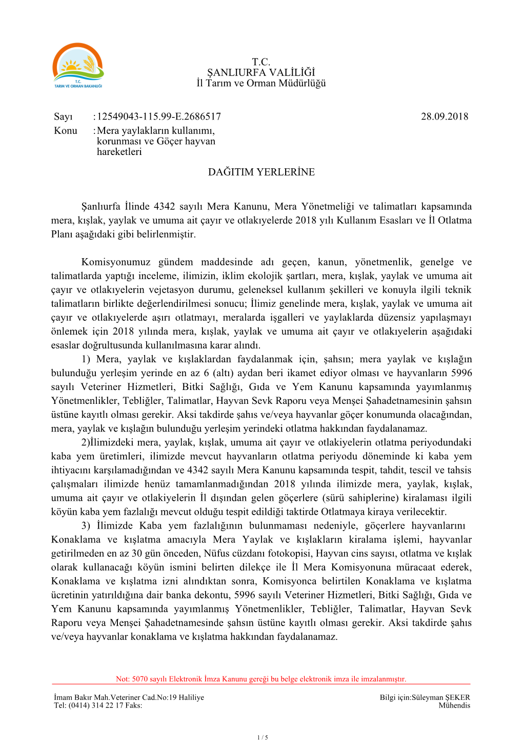 DAĞITIM YERLERİNE Şanlıurfa İlinde 4342 Sayılı Mera Kanunu, Mera Yönetmeliği Ve Talimatları Kapsamında Mera, Kışlak