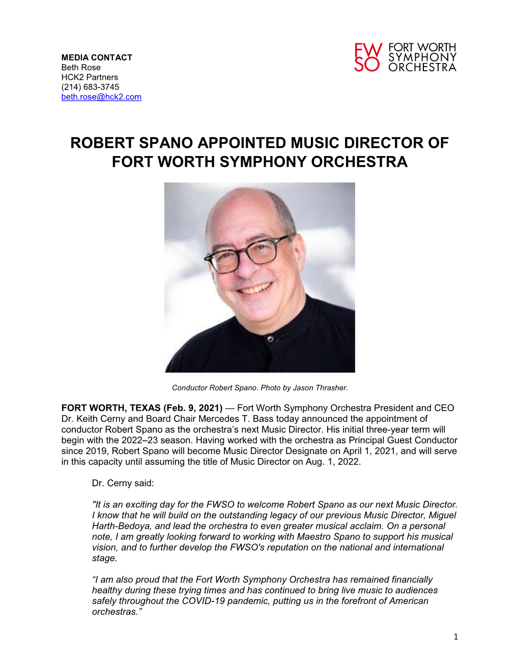 Robert Spano Appointed Music Director of Fort Worth Symphony Orchestra