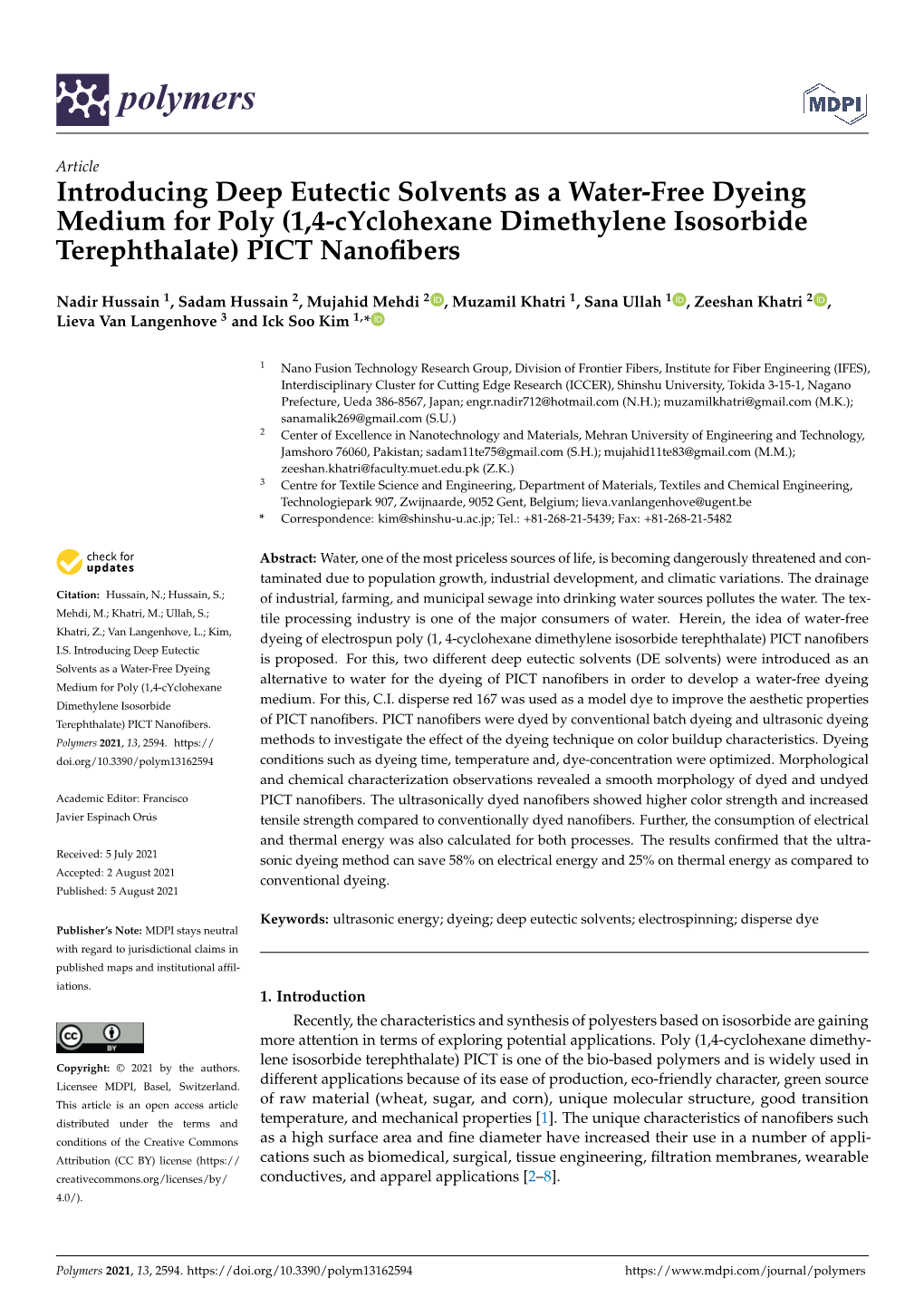 Introducing Deep Eutectic Solvents As a Water-Free Dyeing Medium for Poly (1,4-Cyclohexane Dimethylene Isosorbide Terephthalate) PICT Nanoﬁbers