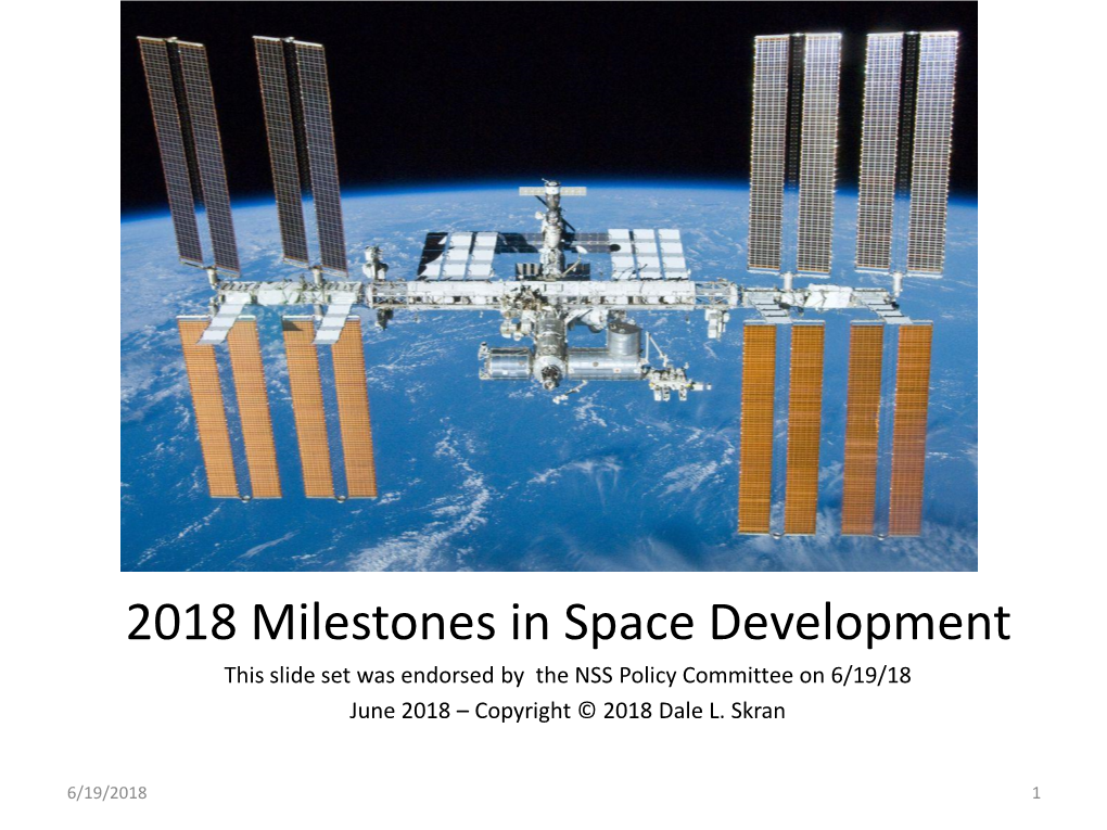 2018 Milestones in Space Development This Slide Set Was Endorsed by the NSS Policy Committee on 6/19/18 June 2018 – Copyright © 2018 Dale L