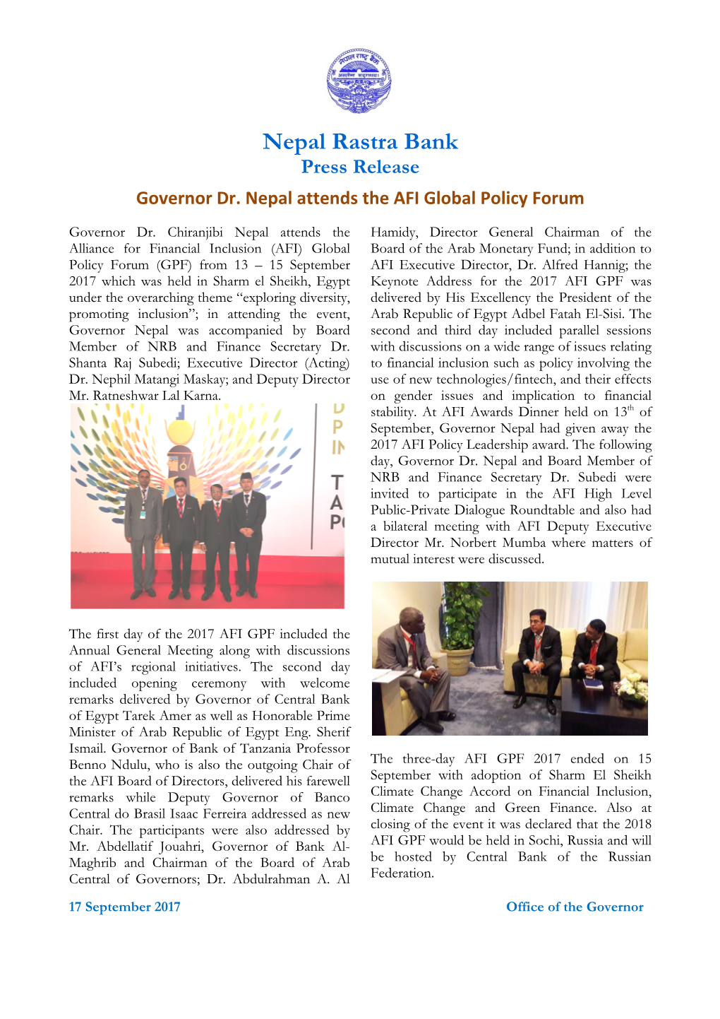 Governor Dr. Nepal Attends the AFI Global Policy Forum