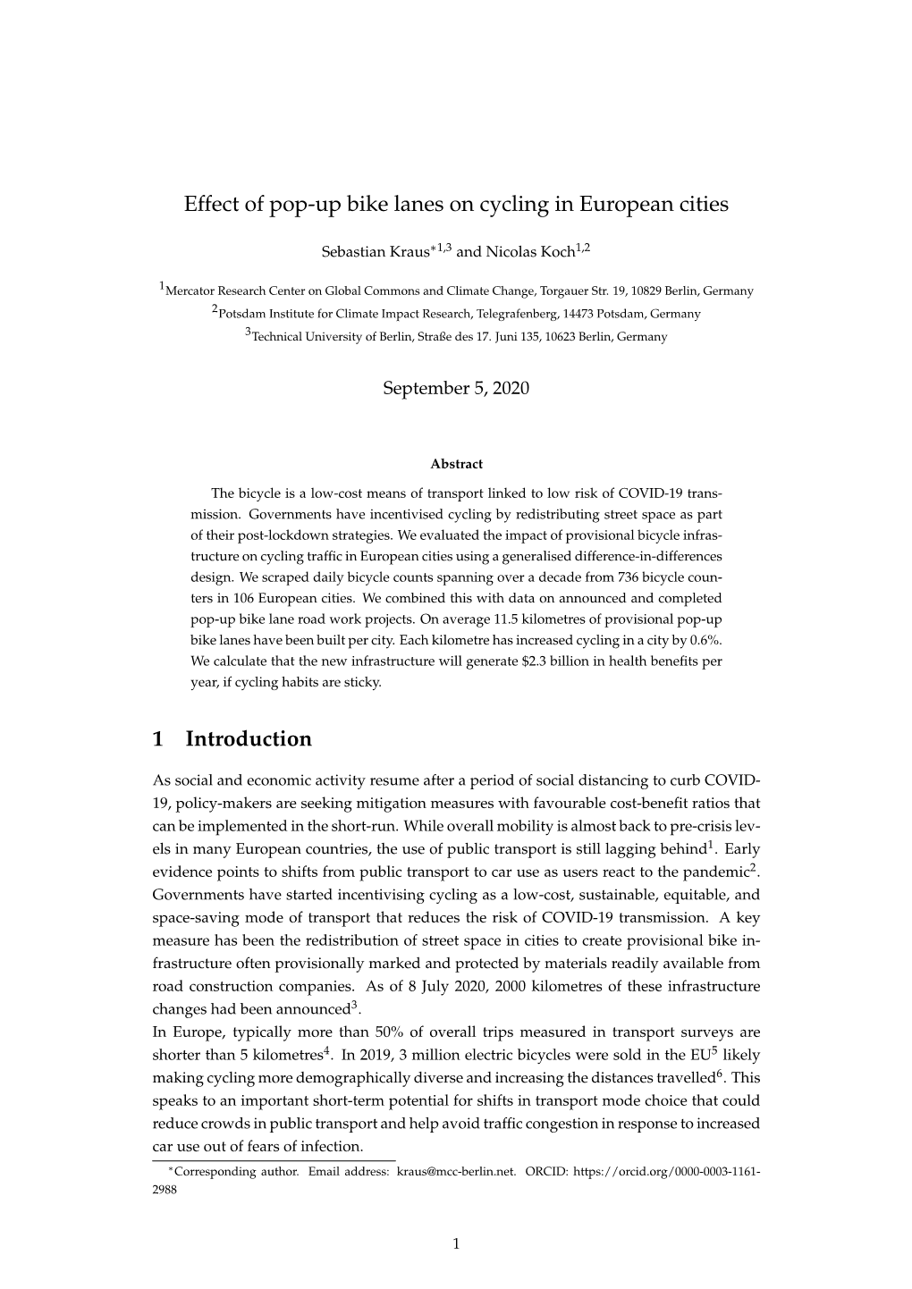 Effect of Pop-Up Bike Lanes on Cycling in European Cities 1 Introduction