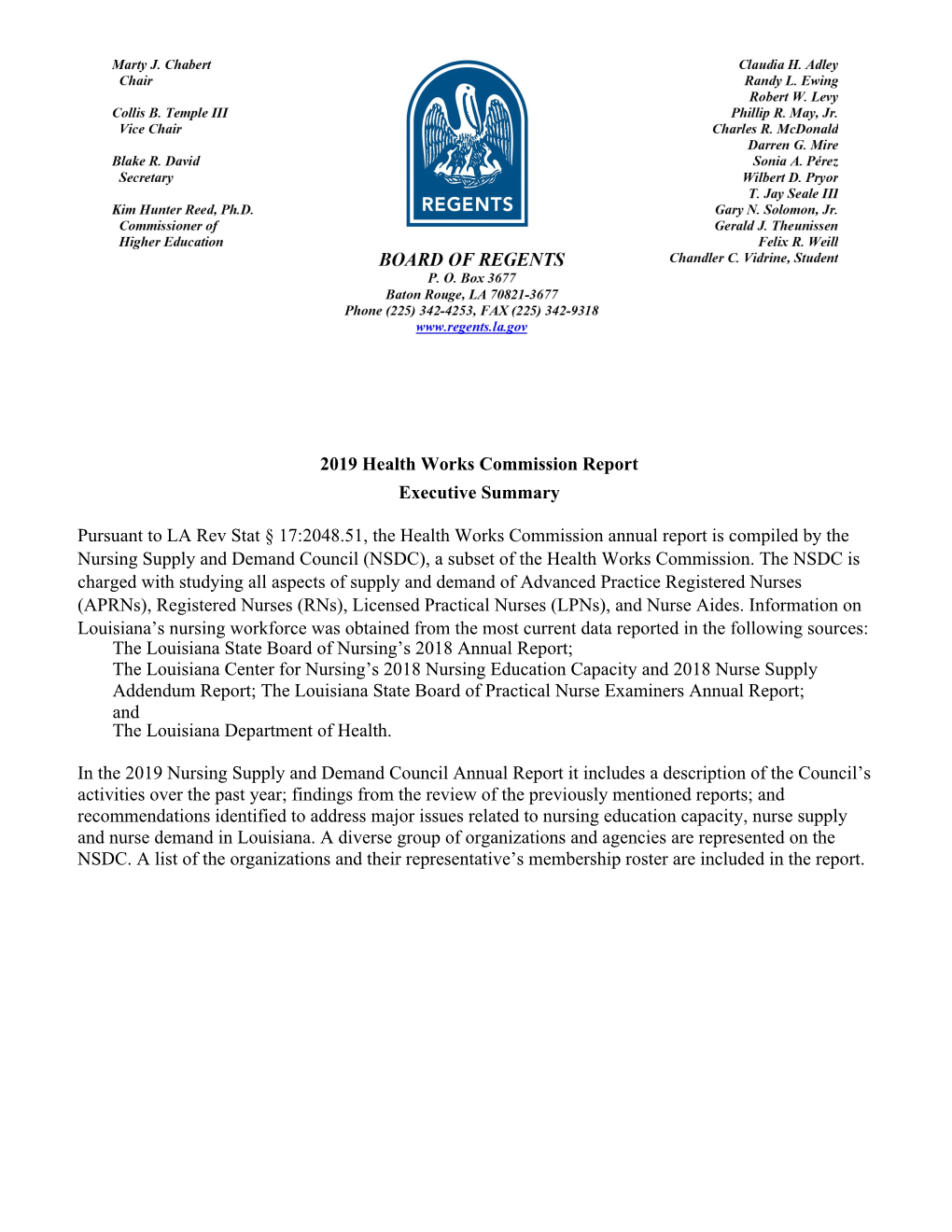2019 ANNUAL REPORT SUBMITTED to the HEALTH WORKS COMMISSION March 2020
