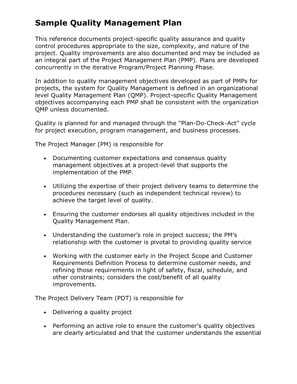 Sample Quality Management Plan (QMP)