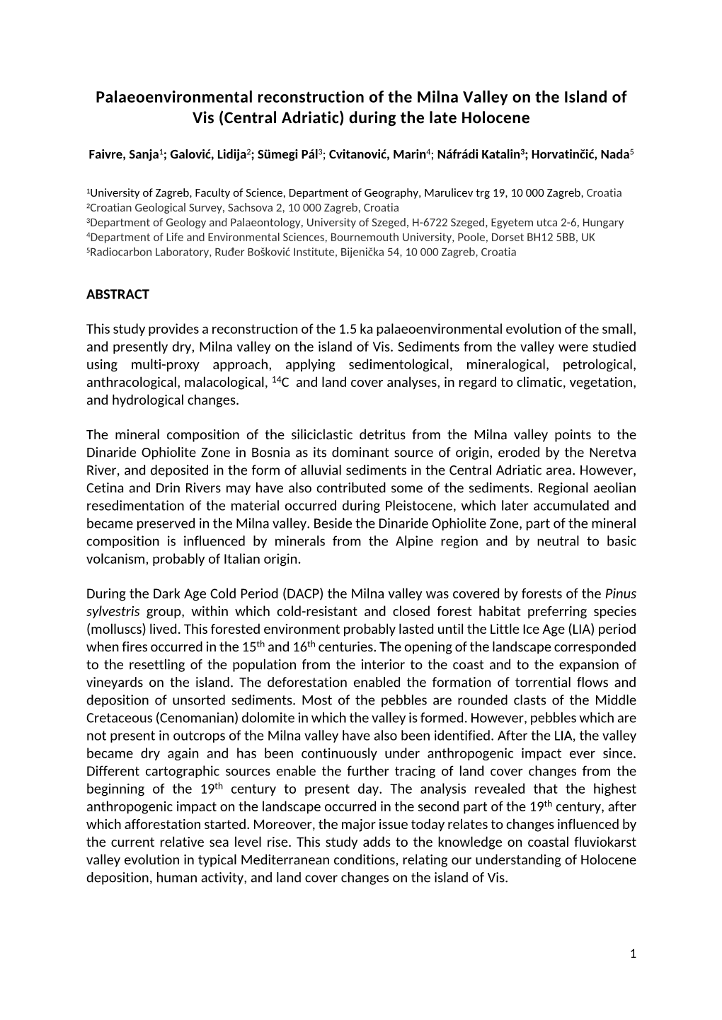 Palaeoenvironmental Reconstruction of the Milna Valley on the Island of Vis (Central Adriatic) During the Late Holocene