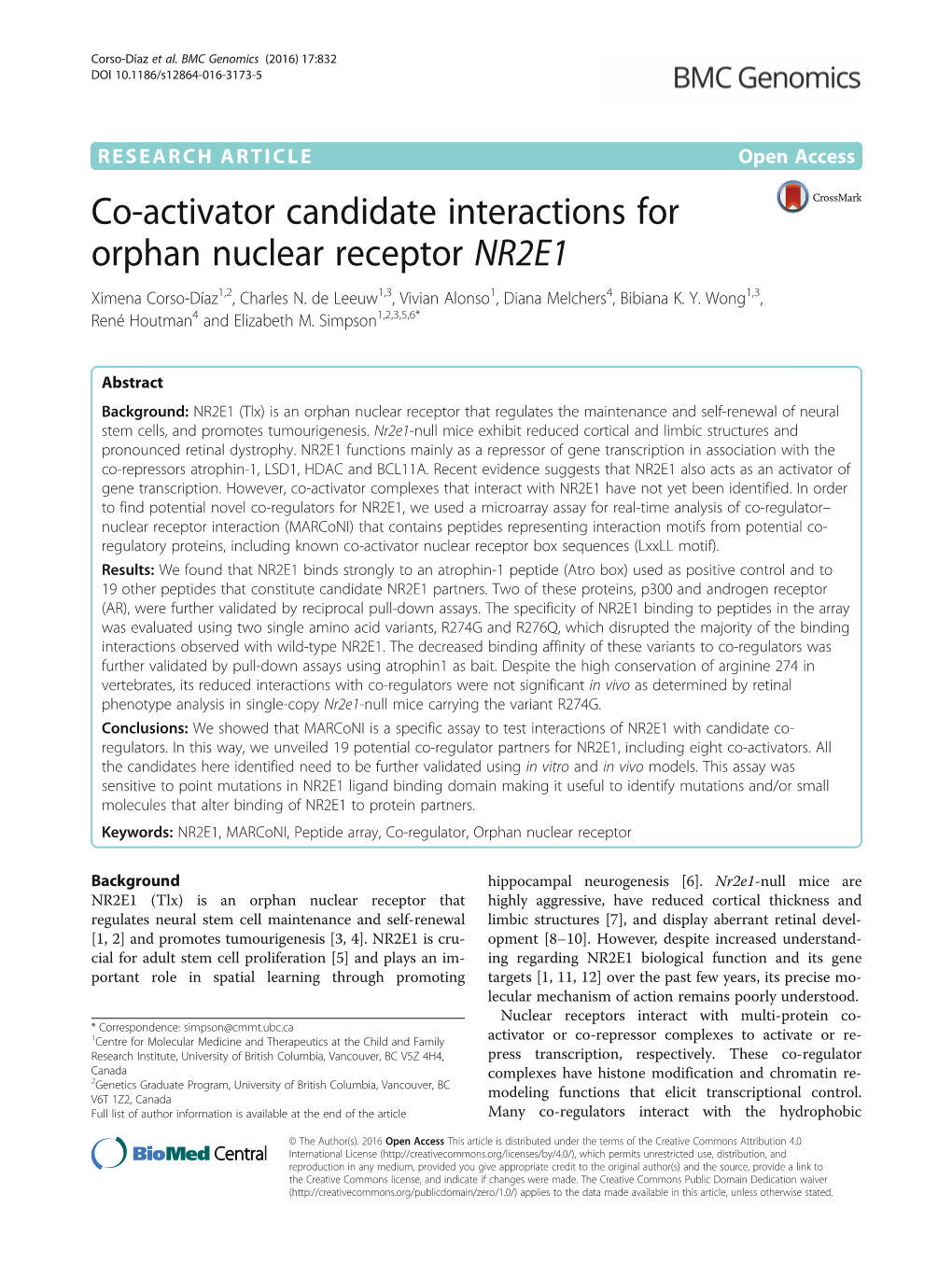 Co-Activator Candidate Interactions for Orphan Nuclear Receptor NR2E1 Ximena Corso-Díaz1,2, Charles N