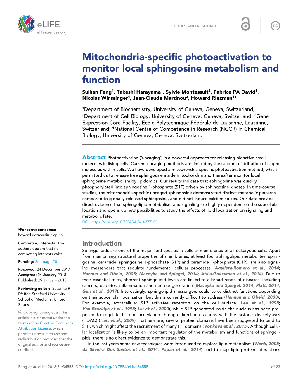 Mitochondria-Specific Photoactivation to Monitor Local Sphingosine