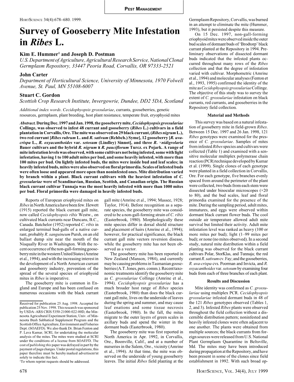 Survey of Gooseberry Mite Infestation in Ribes L