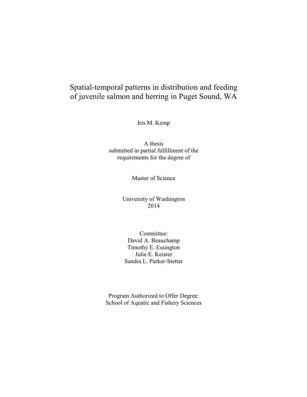 Spatial-Temporal Patterns in Distribution and Feeding of Juvenile Salmon and Herring in Puget Sound, WA