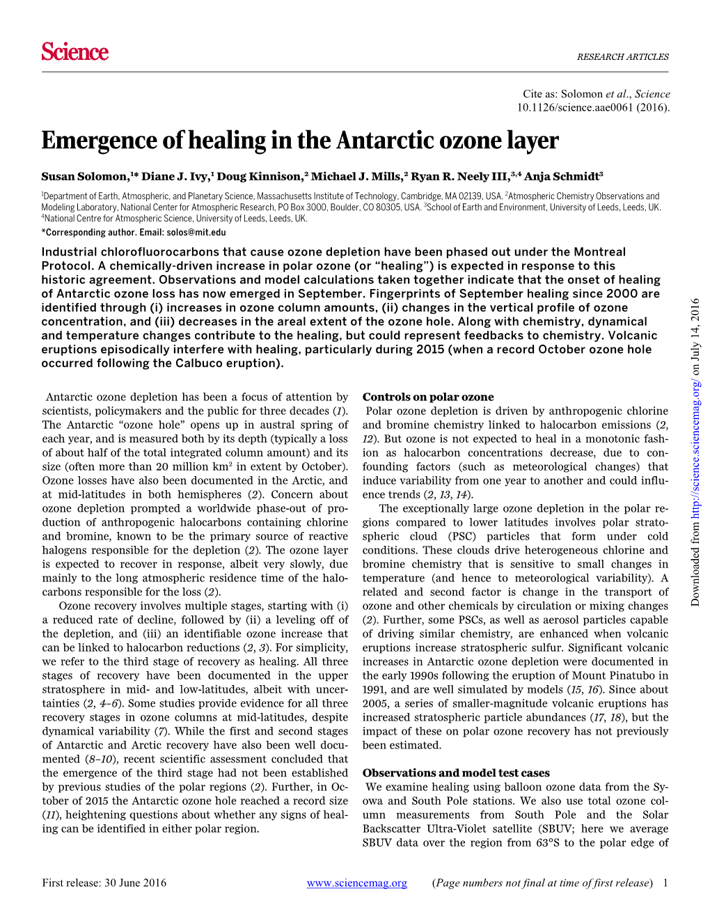 Emergence of Healing in the Antarctic Ozone Layer