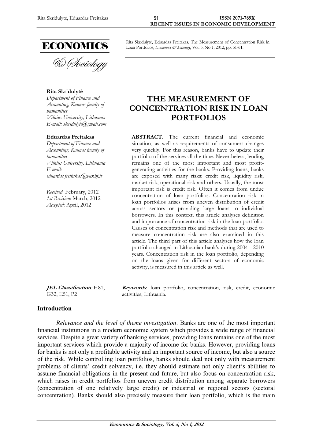 The Measurement of Concentration Risk in Loan Portfolios, Economics & Sociology, Vol