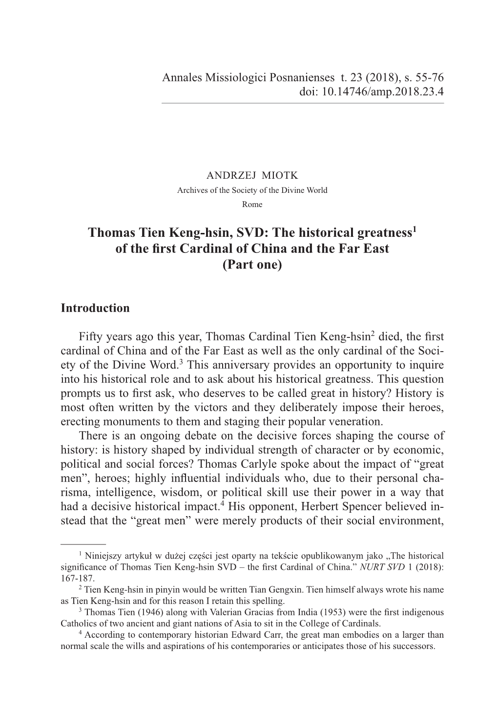 Thomas Tien Keng-Hsin, SVD: the Historical Greatness1 of the ﬁ Rst Cardinal of China and the Far East (Part One)