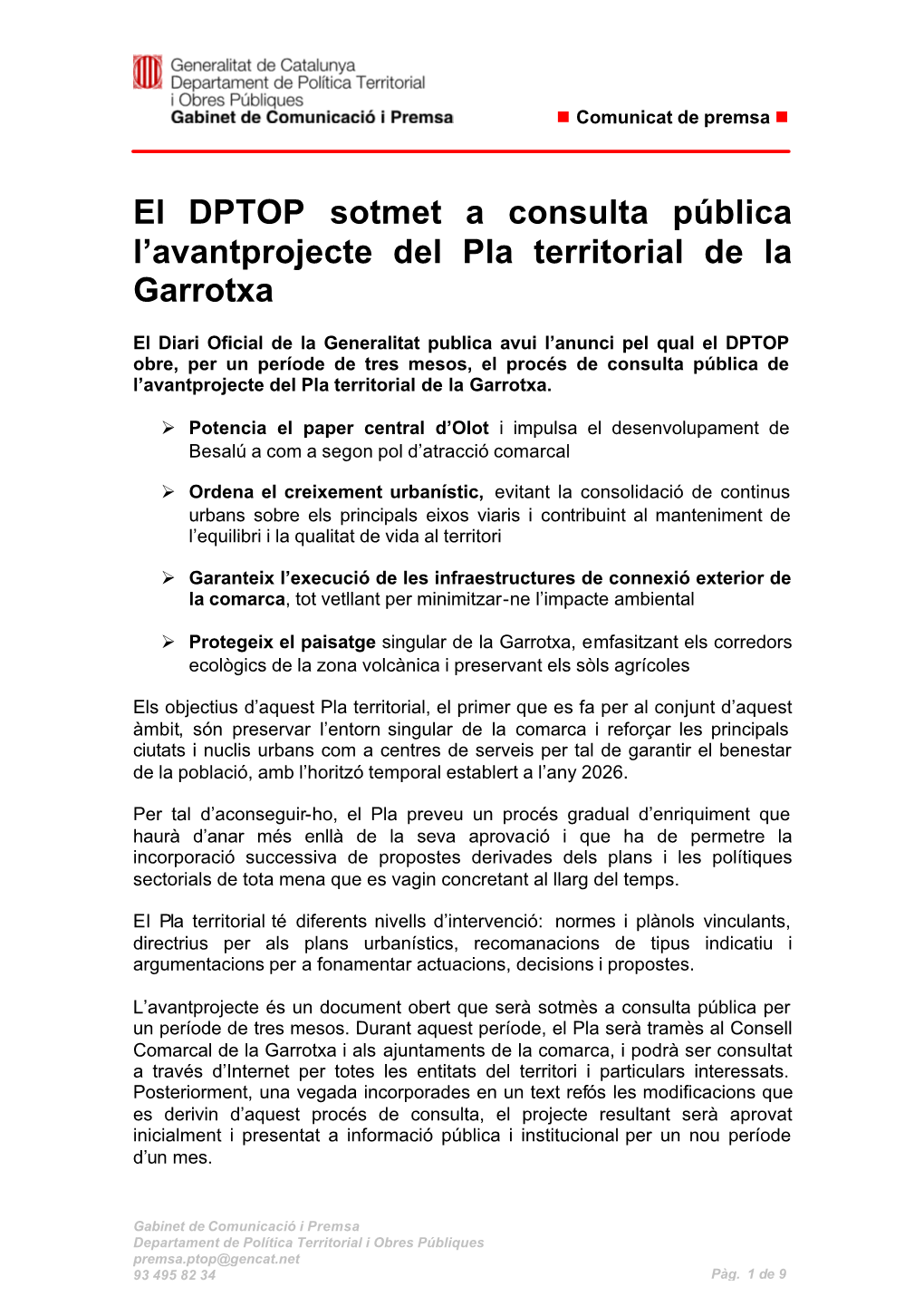 El DPTOP Sotmet a Consulta Pública L'avantprojecte Del Pla