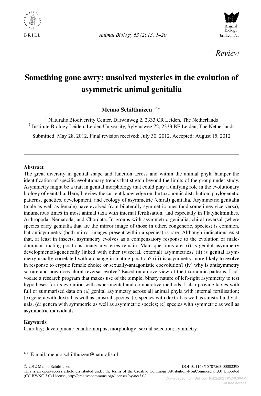 Review Something Gone Awry: Unsolved Mysteries in the Evolution of Asymmetric Animal Genitalia