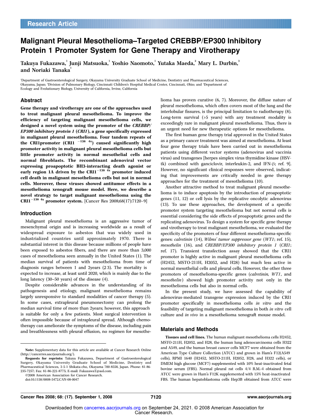 Malignant Pleural Mesothelioma–Targeted CREBBP/EP300 Inhibitory Protein 1 Promoter System for Gene Therapy and Virotherapy