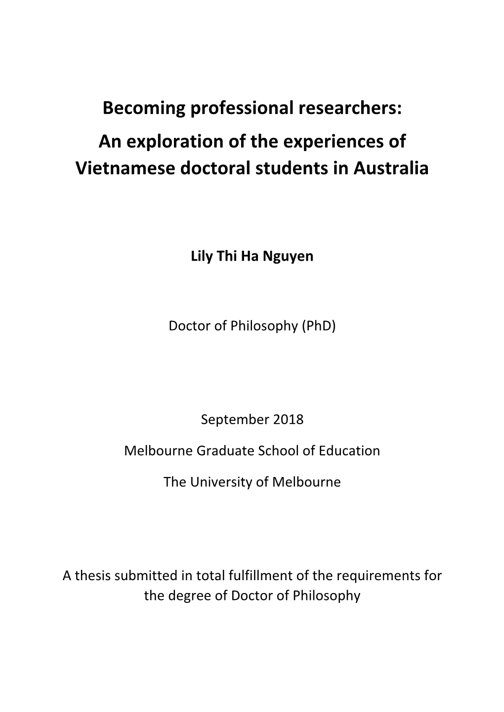 An Exploration of the Experiences of Vietnamese Doctoral Students in Australia